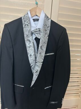 Kid’s Black Blazer with Silver Patterned Shawl Collar - Elegant Formal Jacket